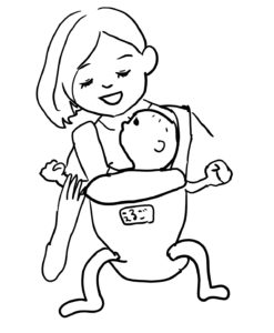 前向き抱っこをされてお母さんの顔を見上げる赤ちゃんイラスト